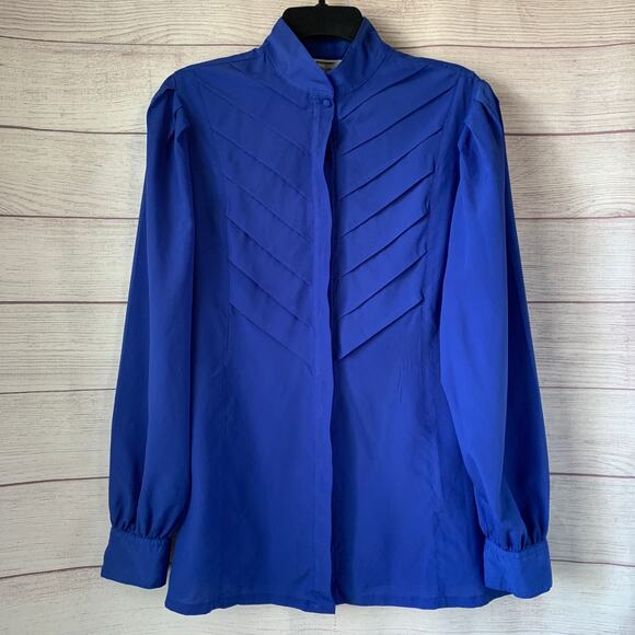 Vintage Blue Button Up Blouse Layered Front Pleated Puff Long Sleeves Size 14 - Picture 1 of 16